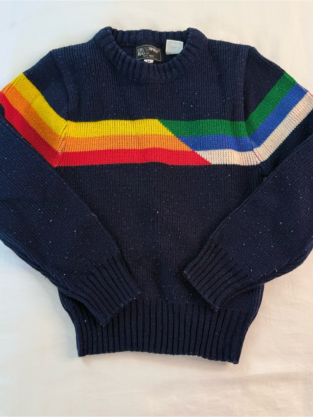 Boys Christopher Rand Navy Crewneck Sweater with Rainbow Stripe
